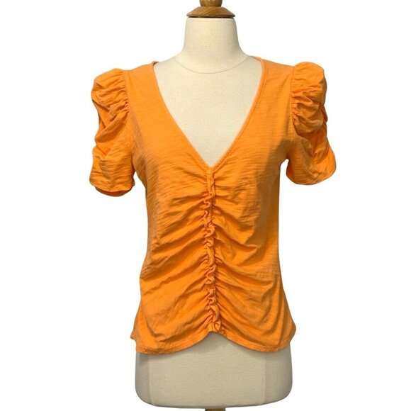 Nation LTD Giada Top Ruffled V-Neck Slub Poplin Puff Sleeve Cotton Orange Size M - Picture 1 of 9